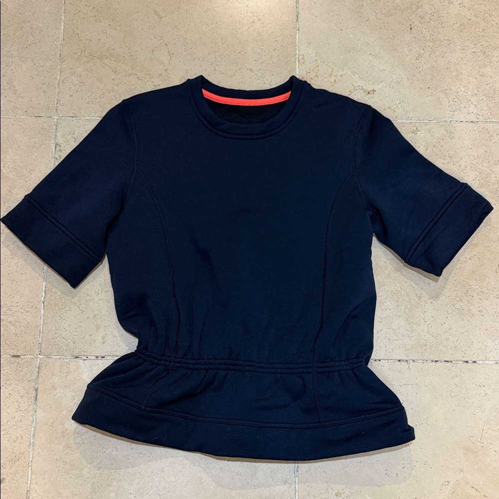 lululemon athletica Navy Short Sleeve Peplum Tee with Coral Trim